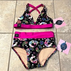 Kandi Kouture Black/Pink Sugar Skull Dance Top & Brief Set NEW SZ CL 7/8
